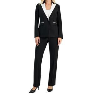 Le Suit Women’s Contrast Lapel Pantsuit Black White Size 14P